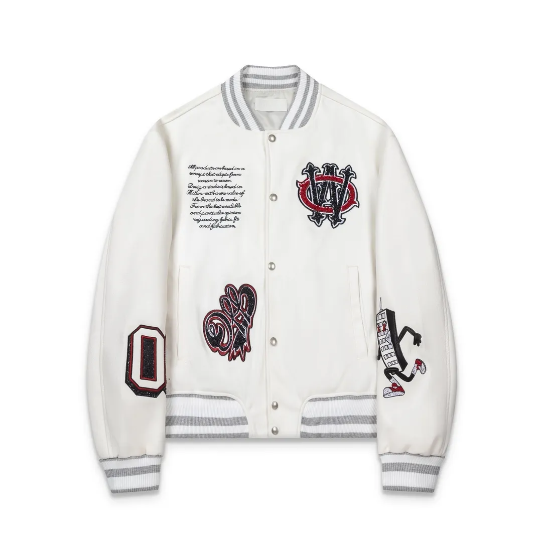 S66#P670, offwhite heavy-duty embroidery patchwork leather high-temperature hot-scaling crystal diamond baseball jersey. The body is made of woolen fabric. Couple style jacket. White size: S M L XL